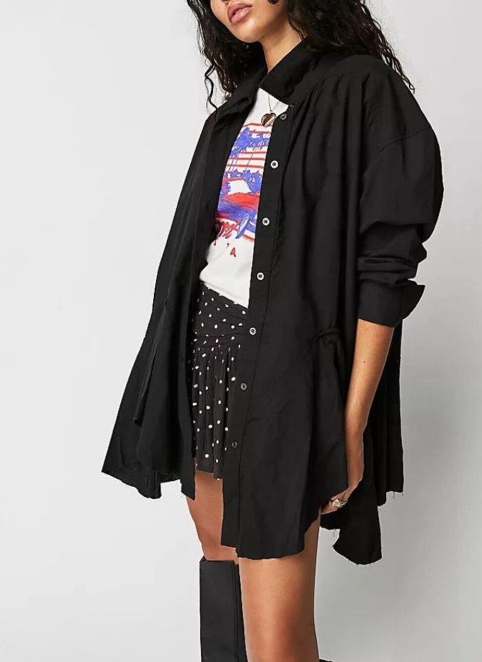 FREE PEOPLE Black Bohemian Ruffle Hem Freya Poplin Tunic Button Down Shirt XS S